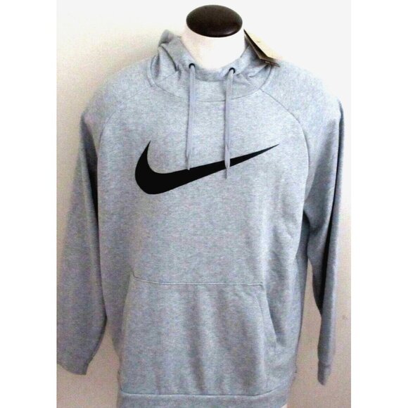 Nike Men's DRI-FIT Swoosh Graphic Fitness PO Hoodie Sweatshirt Grey Black NWT - Picture 1 of 5